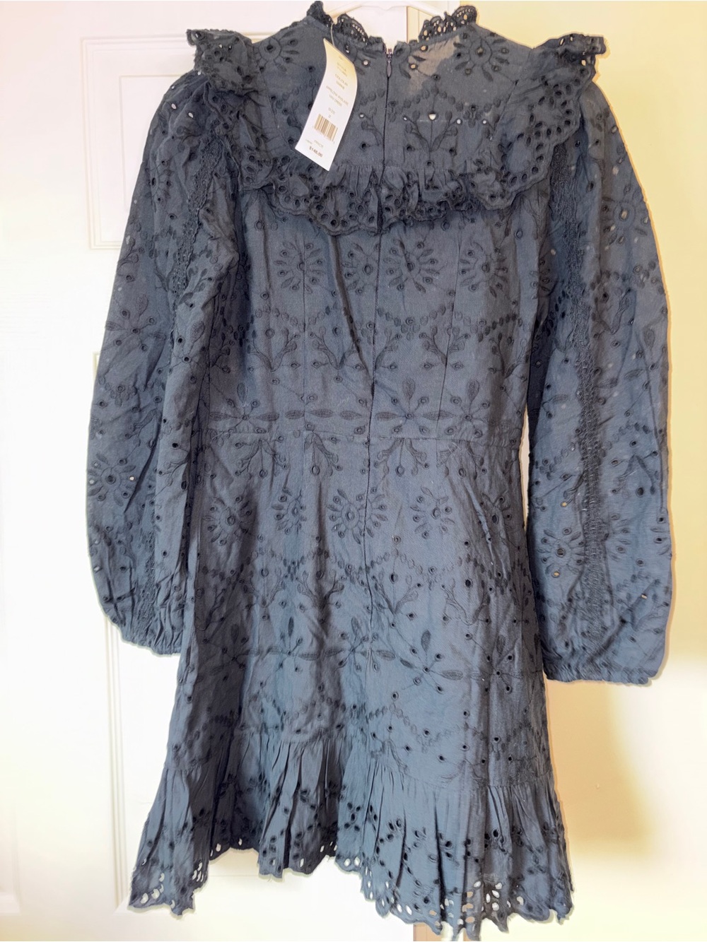 Navy Long-Sleeve Eyelet Ruffle Mini Dress - Picture 2 of 5